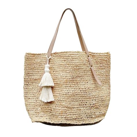 raffia bag with leather handles